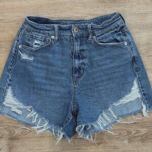 American Eagle Women's 2 High Rise Highly Distressed MOM Blue Denim Jean Shorts